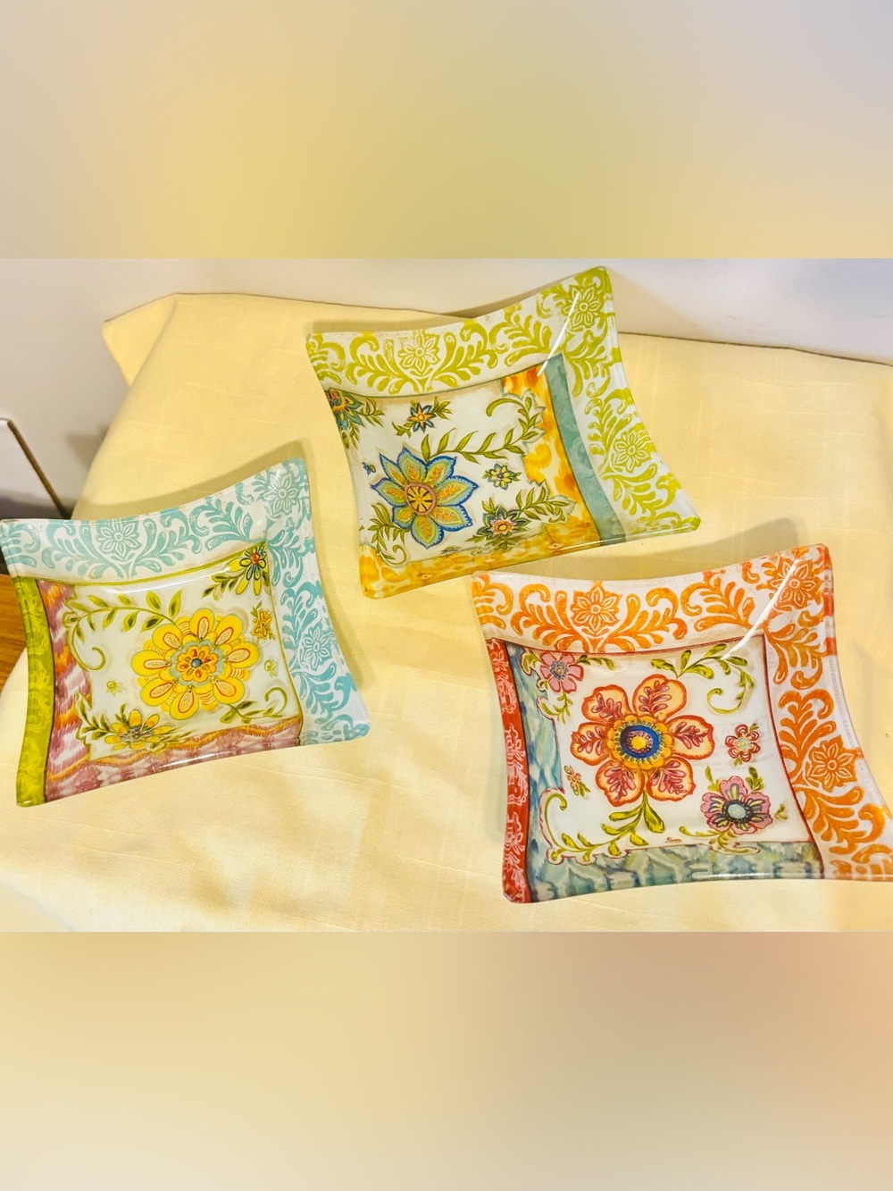 208PARK Fused Glass Decorative Dishes Set of 3 Floral Accent Plates Retro - Picture 3 of 3